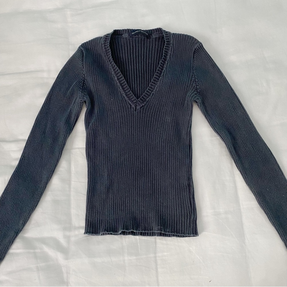 Brandy Melville John Galt Navy Dark Blue Ribbed V Neck Long Sleeve Top One Size